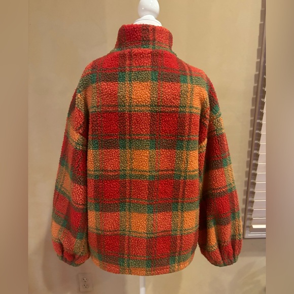 Urban outfitters J.O.A Plaid Polar Fleece 1/2 zip Jacket Oranges Shepra size XS - Picture 14 of 15